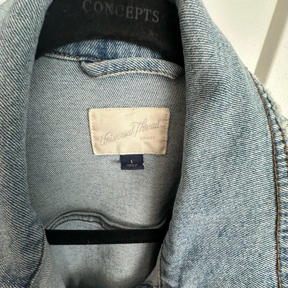 One of a Kind Upcycled  Denim Jacket with Hand Crocheted Sleeves - Picture 3 of 8